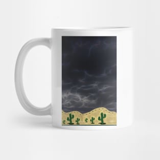 very black rain filled sky with a few stylized cactus plants Mug